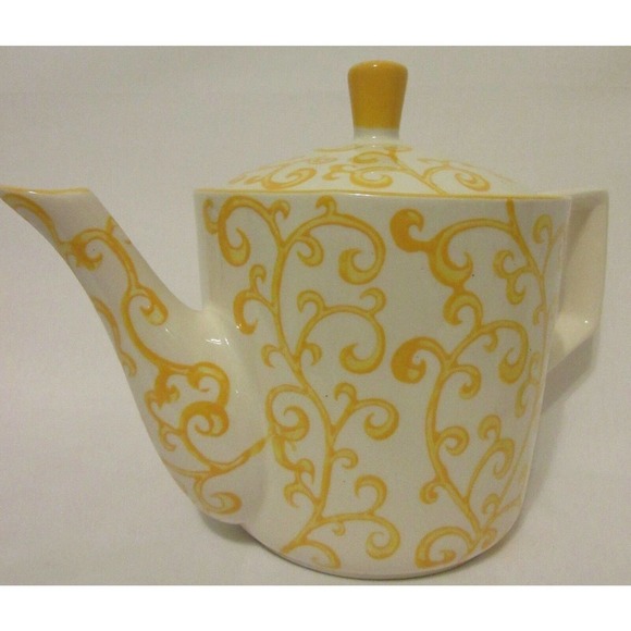Pier 1 Imports Porcelain Teapot Set 4 Cups Hand Painted Yellow Scroll Modern - Picture 11 of 12